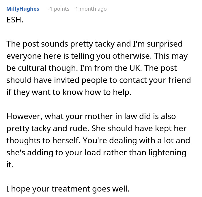 Comment discussing a woman battling cancer seeking help while her mother-in-law calls it tacky and dramatic. - 38