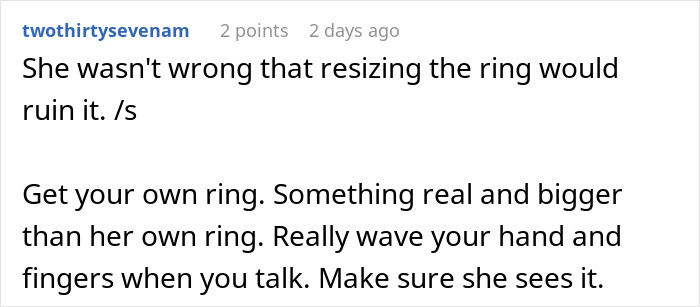 Screenshot of online comment discussing resizing a ring and advising to get a real, bigger ring to show off confidently.