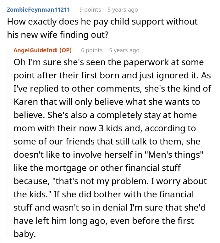 Text comments on a forum discussing child support and parenting dynamics involving a woman's denial and stay-at-home status. - 41