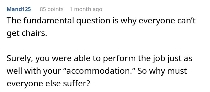 Comment discussing workplace accommodation and ableist manager refusing disability accommodations, causing conflict. Comment discussing workplace accommodation and ableist manager refusing disability accommodations, causing conflict.