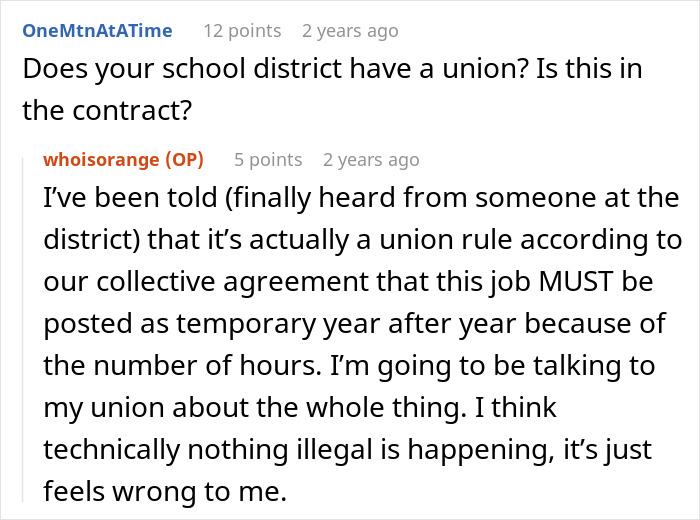 Forum discussion text about work making employees reapply for a position yearly due to union rules and contract terms. - 12