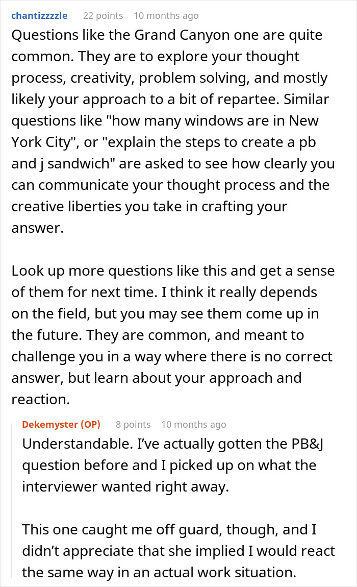 Screenshot of a discussion about recruiter judgments and work ethics based on random Grand Canyon interview questions. - 14