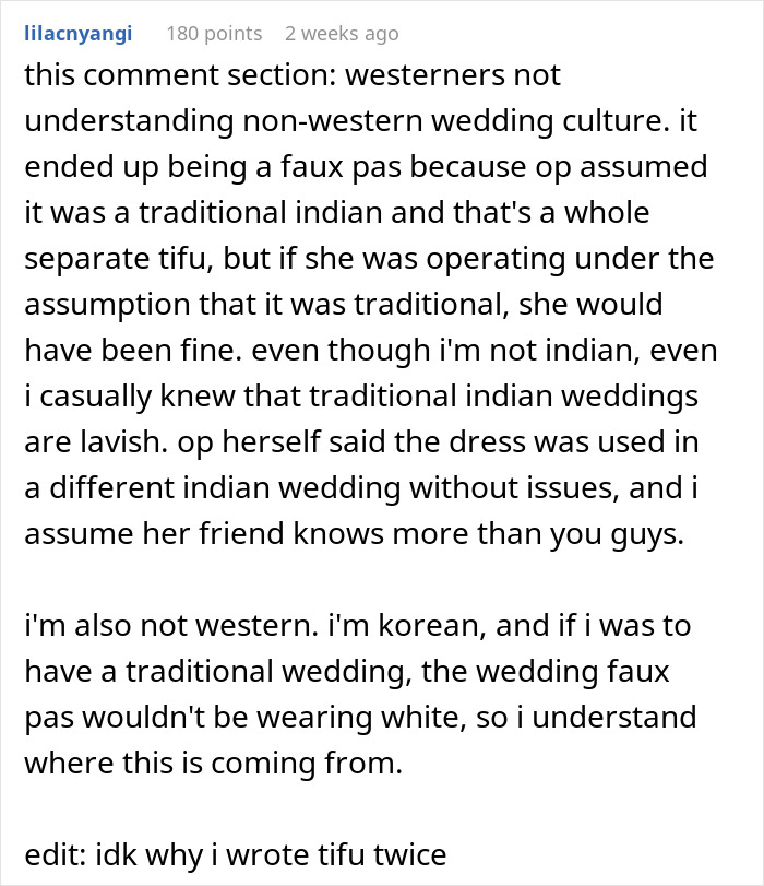 Screenshot of a comment discussing cultural differences and wedding dress faux pas at a non-Western wedding. - 31