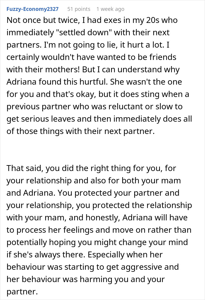 Comment discussing a man threatening to cut off his mother after she stays friends with his vengeful ex, sharing personal experiences. - 41