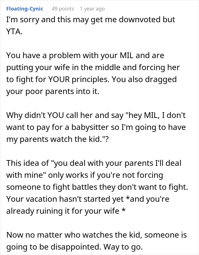 Comment discussing conflict with MIL about paying for babysitting and the impact on family dynamics and vacation plans.