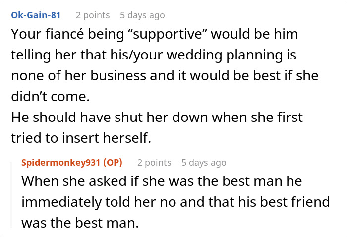 Reddit comments discussing fiancé’s female friend demanding speech, matching dress, and best man role at wedding. - 27