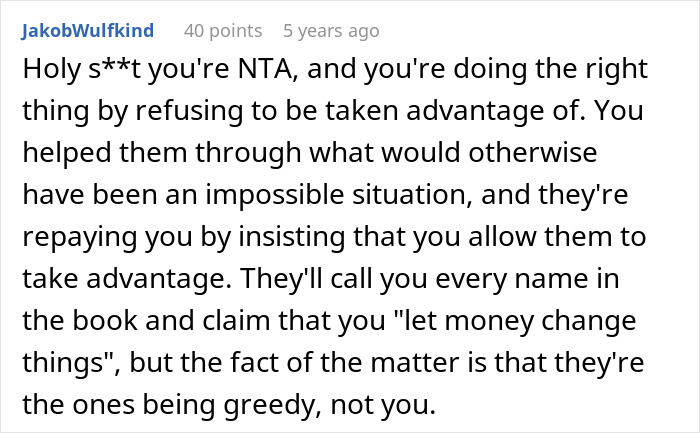 Screenshot of a Reddit comment about a person upset a friend doesn't pay more after winning the lottery and refusing babysitting. - 24