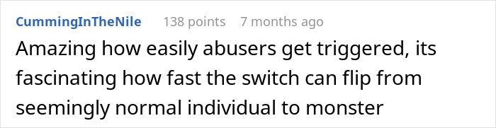 Comment highlighting how quickly abusive behavior can emerge from seemingly normal individuals after a drunk wife flashes husband's friends. - 37