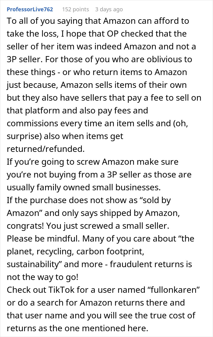 Reddit comment discussing Amazon sellers, fees, and the impact of returns on small businesses and sustainability. Reddit comment discussing Amazon sellers, fees, and the impact of returns on small businesses and sustainability.