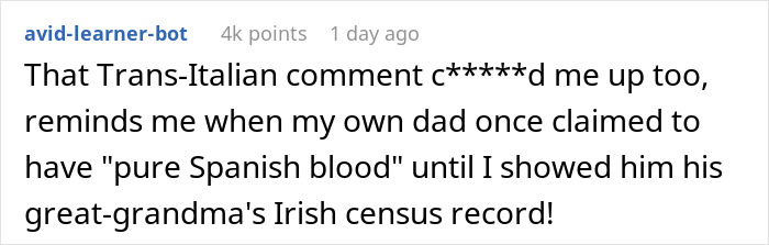 Comment discussing inlaws day ruined genetic heritage information through a story about family ancestry and heritage claims. - 24