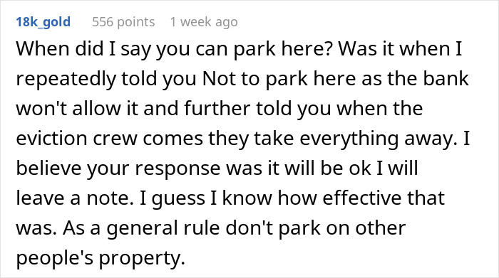 Comment explaining the risks of parking on property and warning against ignoring the property shepherd&rsquo;s advice.