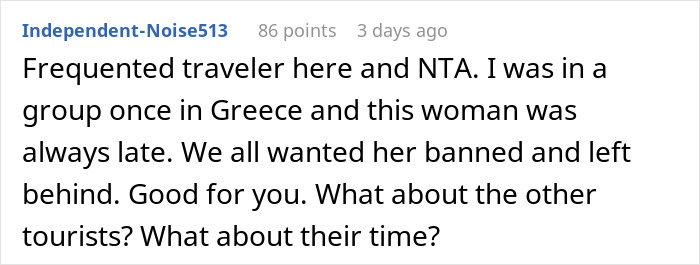 Screenshot of a Reddit comment discussing a frequent traveler addressing a tourist who oversleeps and inconveniences others. - 35