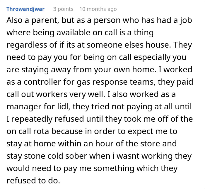Comment discussing unfair pay issues for overnight nanny work and the need for proper compensation for long hours. - 36