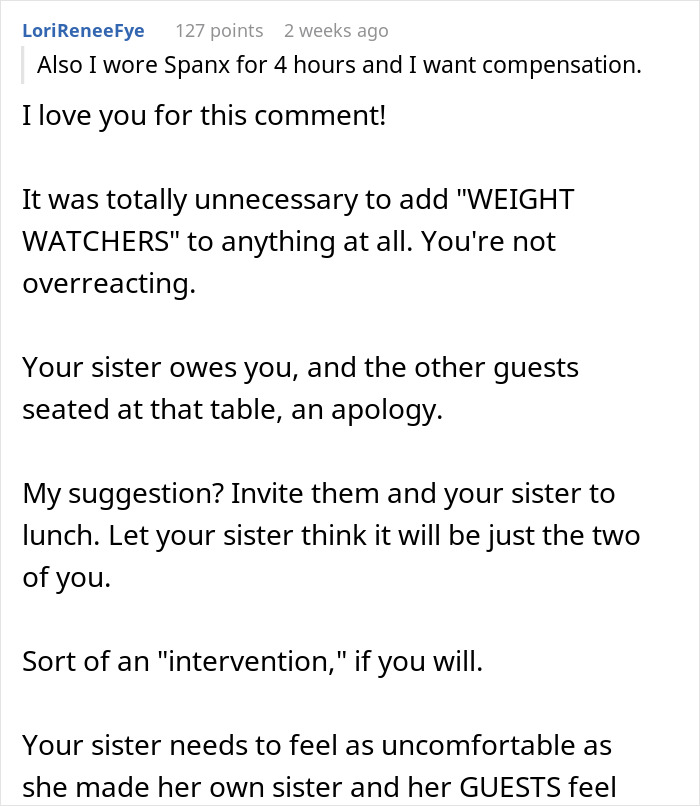 Commenter addressing inappropriate weight watchers table label for plus-size guests at a wedding, discussing body positive issues. Commenter addressing inappropriate weight watchers table label for plus-size guests at a wedding, discussing body positive issues.