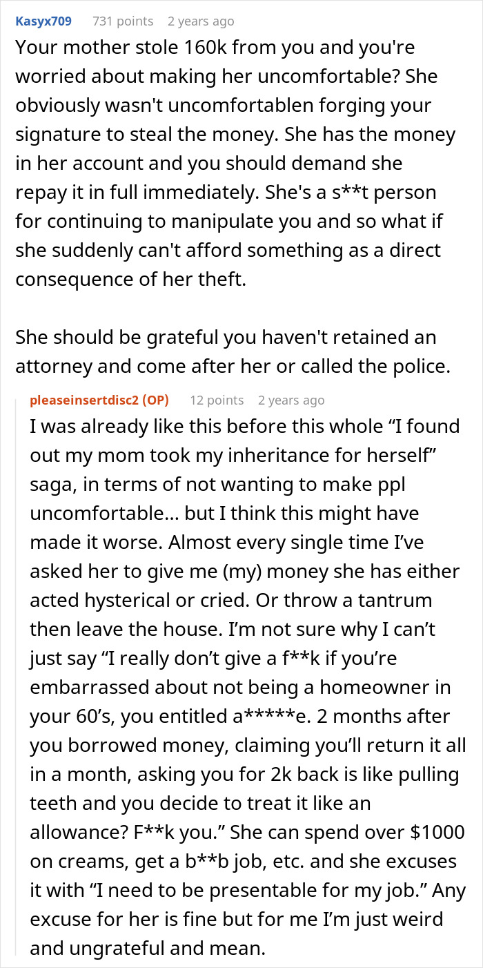 Reddit comments discussing mom embezzling daughter's $160K inheritance and gaslighting after being exposed.