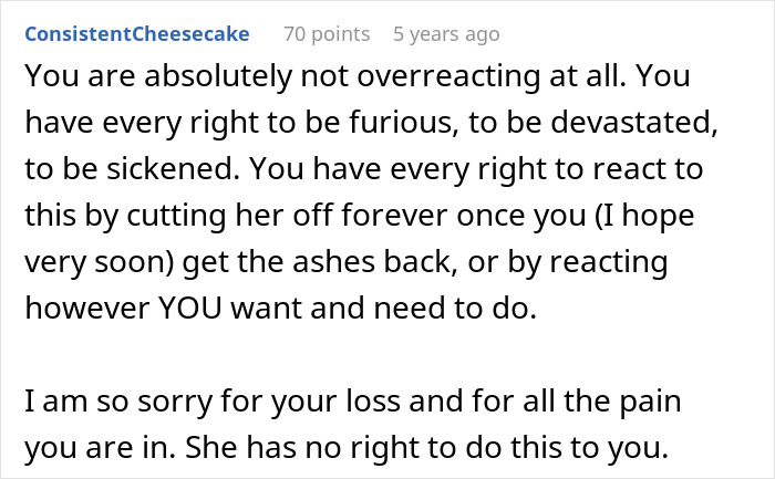 Alt text: Comment expressing support after entitled grandma causes family drama by stealing grandson&rsquo;s ashes and dismissing the issue.