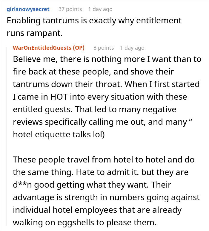 Screenshot of an online discussion about entitlement and obnoxious guests getting their way using closed hotel pools. - 17