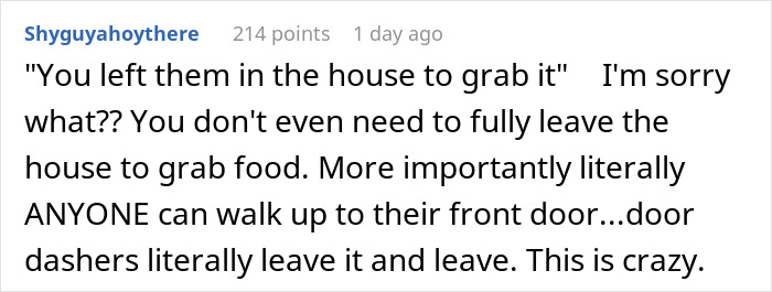 Screenshot of a comment discussing the safety of order Doordash while babysitting and concerns about leaving food unattended. Screenshot of a comment discussing the safety of order Doordash while babysitting and concerns about leaving food unattended.
