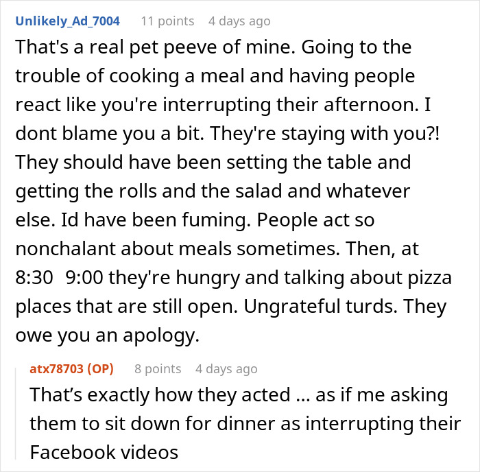 Comment about family&rsquo;s entitled behavior around meals causing frustration and hunger, highlighting ungrateful attitudes.