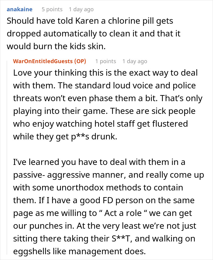 Discussion about dealing with an obnoxious Karen who gets to use the hotel pool after it’s closed and staff frustrations. - 25