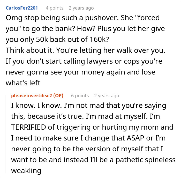 Reddit comments discussing a mom embezzling daughter's $160K inheritance and the daughter's fear of confronting her.