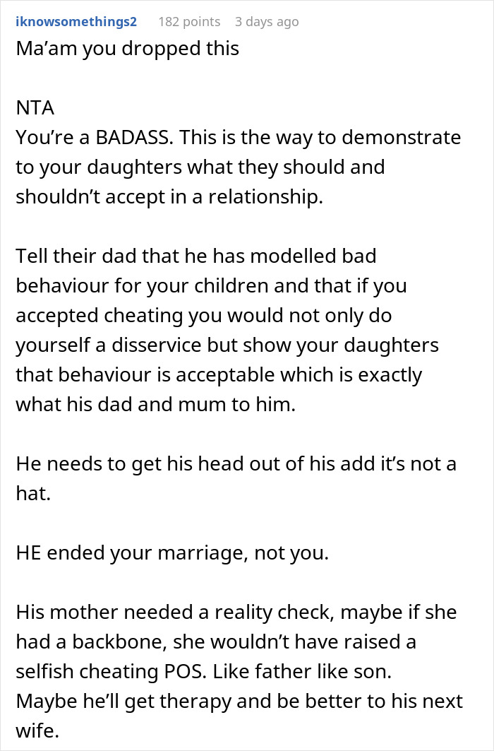 Screenshot of a social media comment criticizing a mother-in-law teaching her son cheating is okay.