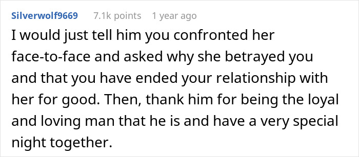 Comment from Silverwolf9669 advising a confrontational approach to a bestie possibly hiding an affair with a husband.