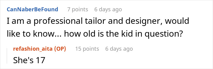 Screenshot of an online discussion about a woman refusing to wear her niece&rsquo;s handmade dress for a career event.