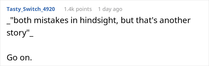 Comment on Reddit by Tasty_Switch_4920 discussing mistakes in hindsight and encouraging continuation of the story. - 34