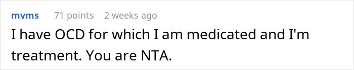 Text comment discussing OCD treatment and medication in response to a woman upset over roommate&rsquo;s Jewish traditions triggering her OCD.