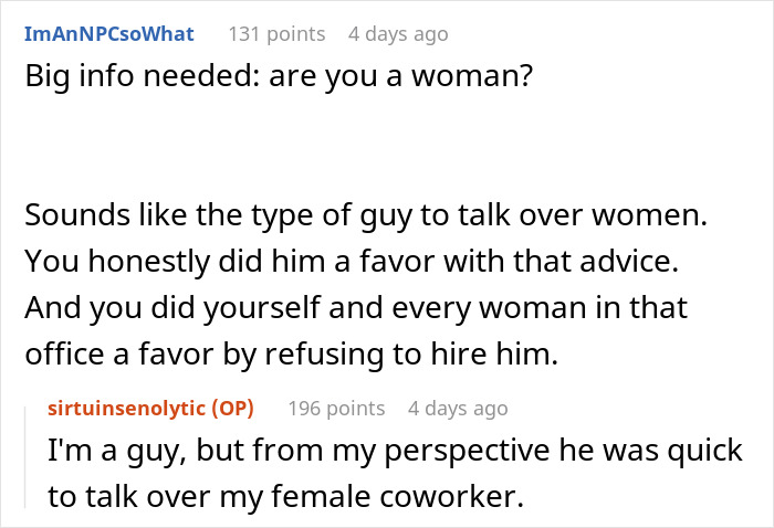 Screenshot of a forum discussion about a guy with a high chance of getting hired but losing it quickly during a job interview.