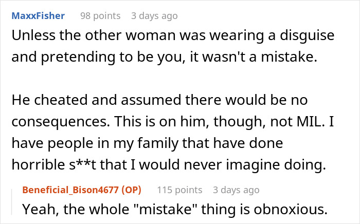 Screenshot of a Reddit conversation discussing MIL left shocked after woman calls her out for teaching her son cheating is ok.