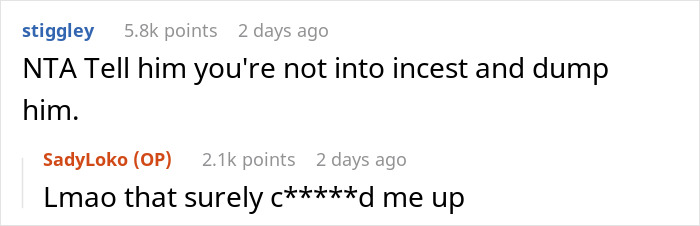 Reddit user discussing man calls his girlfriend sister situation, reacting to confusion about family relations.