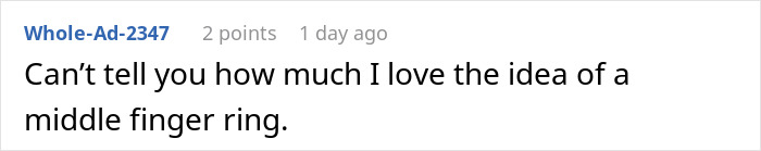 Text post on social media showing a comment about loving the idea of a middle finger ring, related to woman realizing family heirloom price.