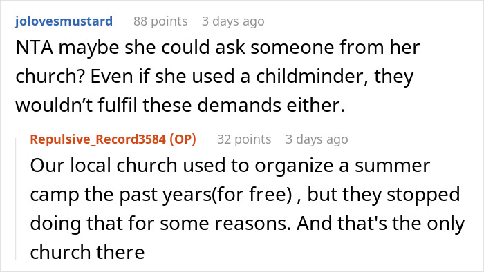 Reddit user discusses babysit nephews and local church activities related to summer camp and childcare options. Reddit user discusses babysit nephews and local church activities related to summer camp and childcare options.