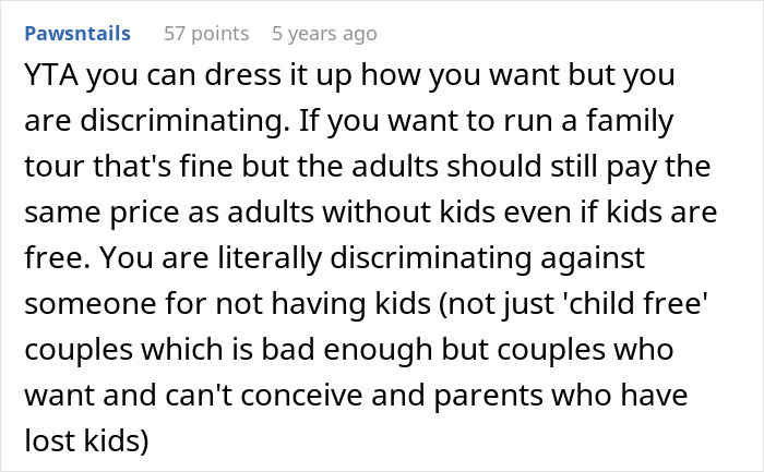 Screenshot of a forum comment criticizing a tour company for discriminating against childfree couples on a family tour. - 41