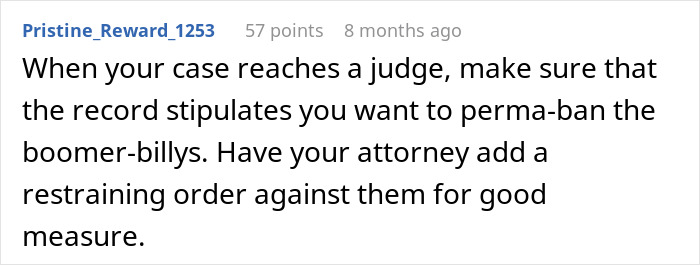 Comment discussing legal advice on handling boomer-billys in disputes related to barbershop incidents. Comment discussing legal advice on handling boomer-billys in disputes related to barbershop incidents.
