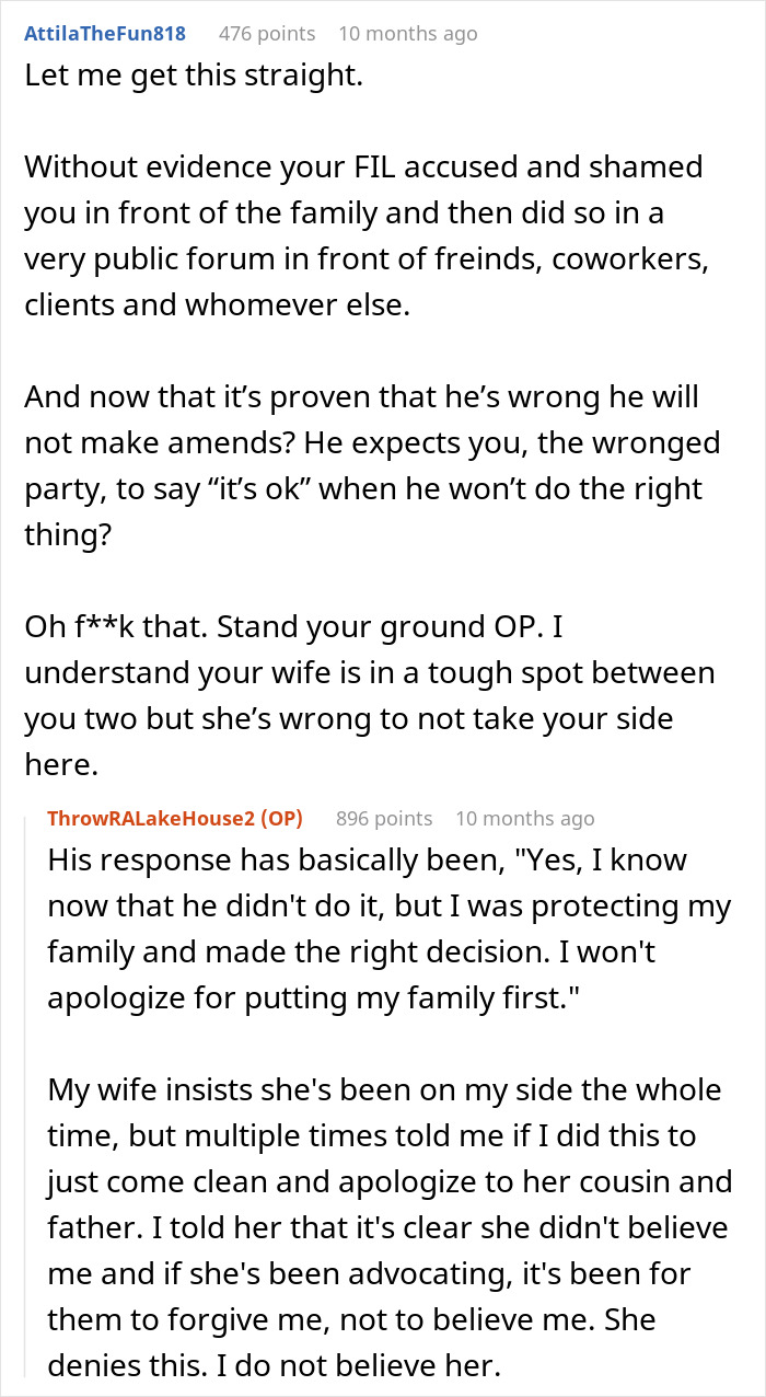 Reddit discussion about false accusation wife father causing family conflict and loyalty challenges.