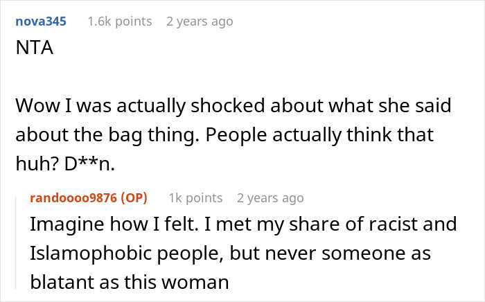 Screenshot of an online discussion about a woman showing blatantly Islamophobic behavior toward a Muslim coworker.