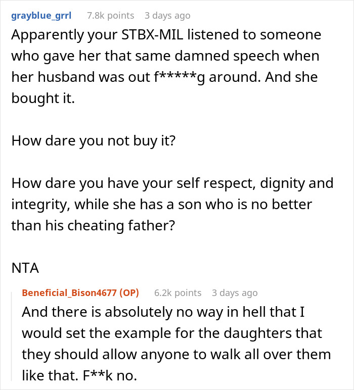 Reddit comments discussing a mother-in-law shocked over teaching her son that cheating is acceptable behavior.