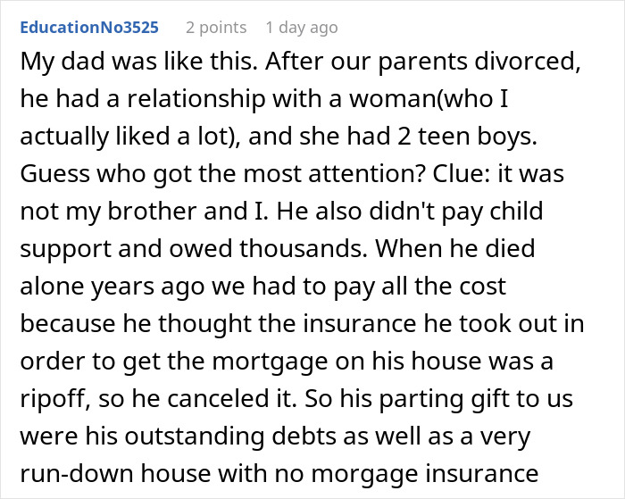 Comment text from a user describing a man facing legal consequences as a deadbeat dad after neglecting child support.