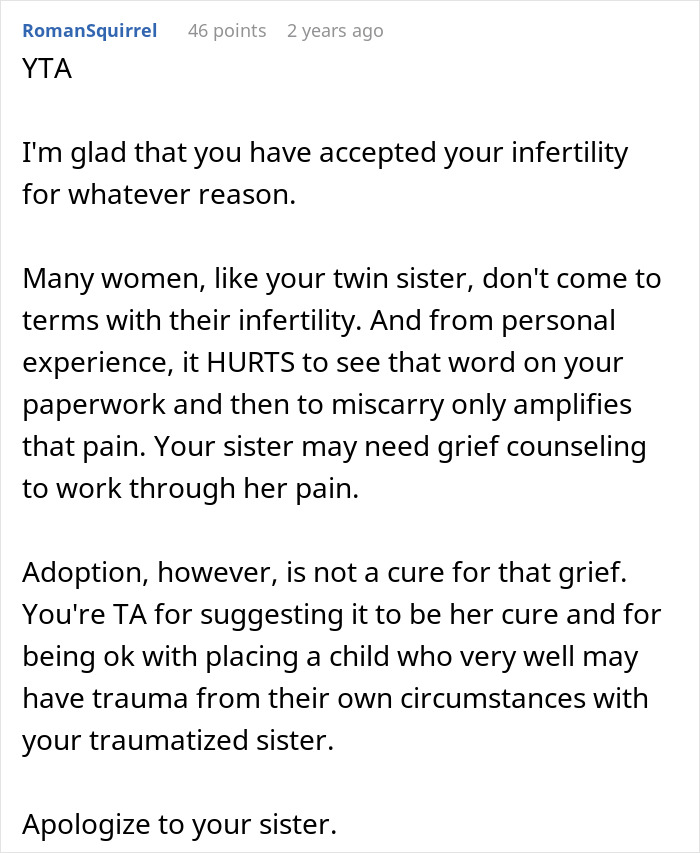 Comment discussing a baby-mad woman struggling with infertility, emotional pain, and adoption as a suggested option.