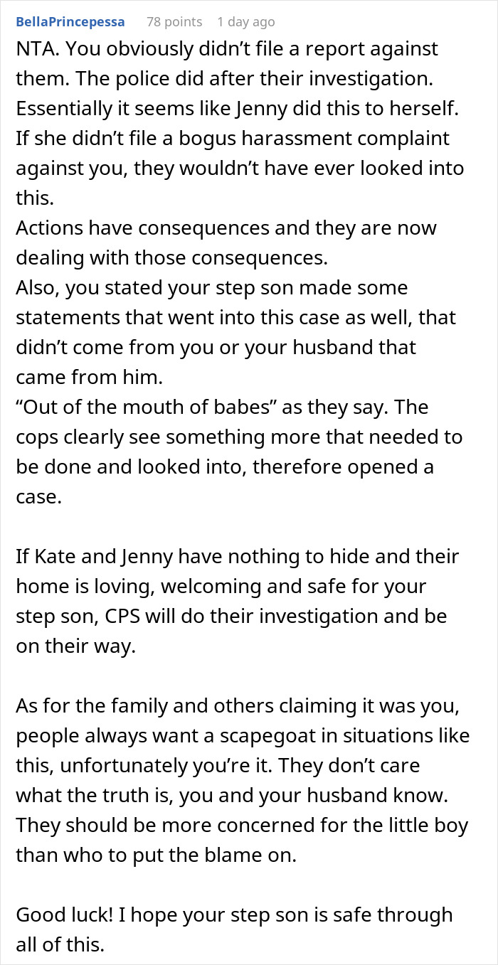 Screenshot of a comment discussing misunderstanding between co-parents and CPS involvement in a family dispute.