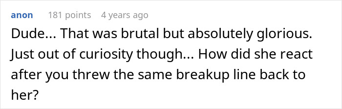 Screenshot of an online comment discussing a brutal yet glorious response in a fiancée leaving cancer diagnosis partner breakup scenario. - 44