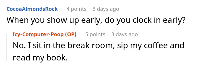 Workplace chat showing discussion about clocking in early and penalty for being late by minutes or hours.