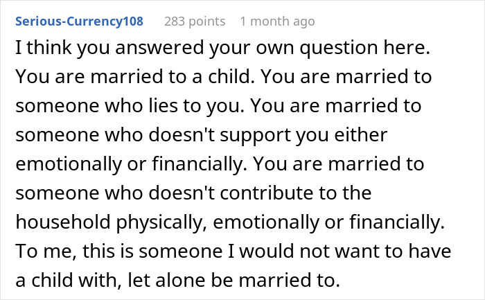 Comment discussing a troubled marriage where the husband demands a child and the wife responds with divorce papers. - 27