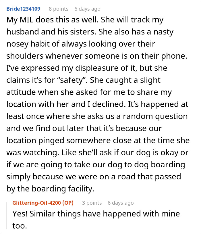 Comment about a MIL tracking her son's location using a mil-tracking-app-son for safety concerns and privacy issues.