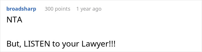 Text comment highlighting advice to listen to a lawyer, related to wife leaving for affair partner and divorce delay. - 19