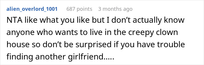 Reddit user commenting on a guy with a huge clown collection whose girlfriend hates it and relationship troubles. Reddit user commenting on a guy with a huge clown collection whose girlfriend hates it and relationship troubles.