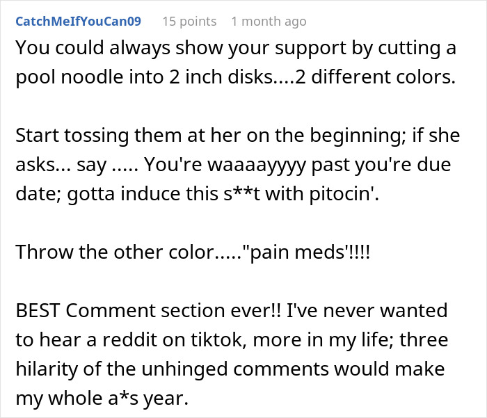 Reddit comment suggesting using pool noodles humorously to induce labor at sister&rsquo;s re-birth party for awkward situations.